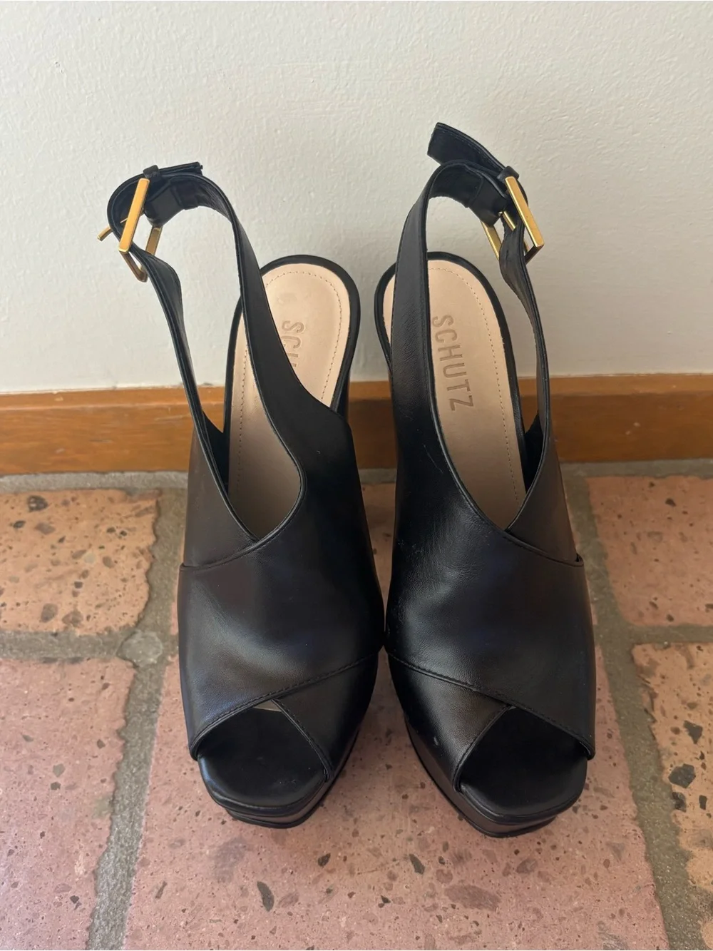 Schutz Priscila Slingback Sandals Black Napa Leather Platform Heels